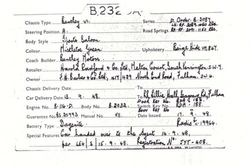 Bentley MkVI Build Sheet LEITH